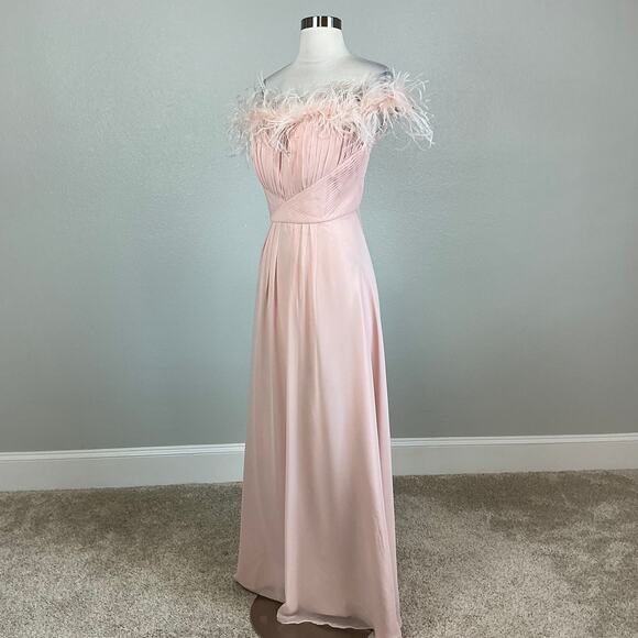 Eliza J Off the Shoulder Evening Gown Size 12 Pink Chiffon Feather Trim A-Line - Picture 3 of 12